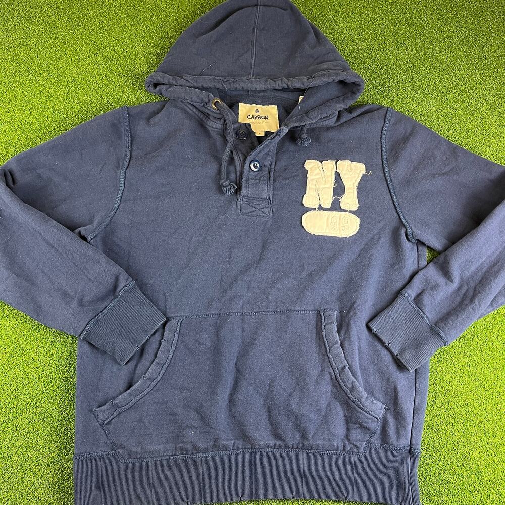 Vintage Y2K Carbon Navy Blue Patch Work Mens Pull Over Henley Hoodie Sz L
